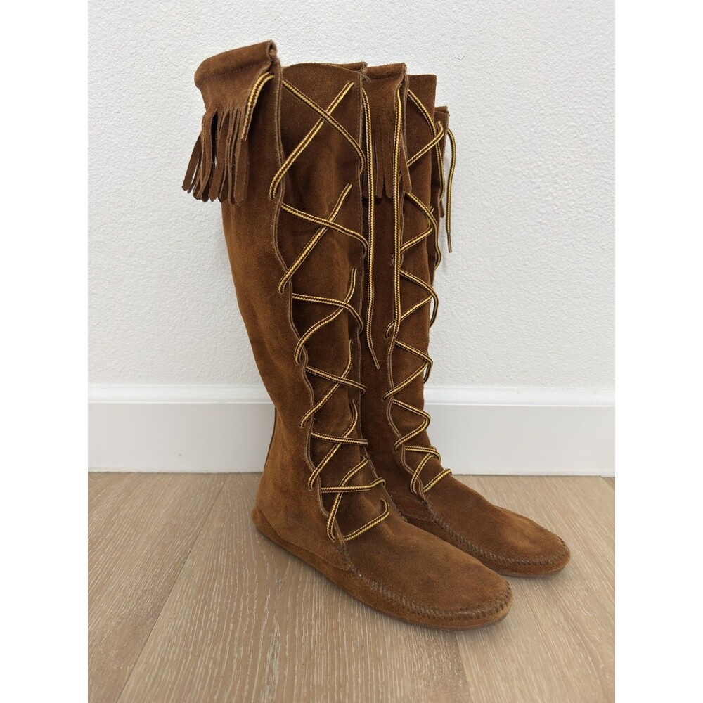 VTG 90s Minnetonka Boots 9 Brown Suede Fringe Moccasins Knee High Boho USA Made